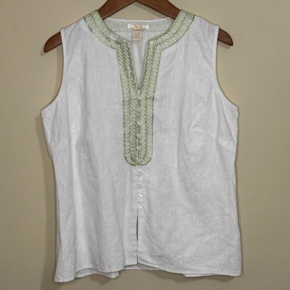 Zoe D. Top Women's Medium Linen Blend Sleeveless White Green Boho Embroidered - Picture 1 of 5